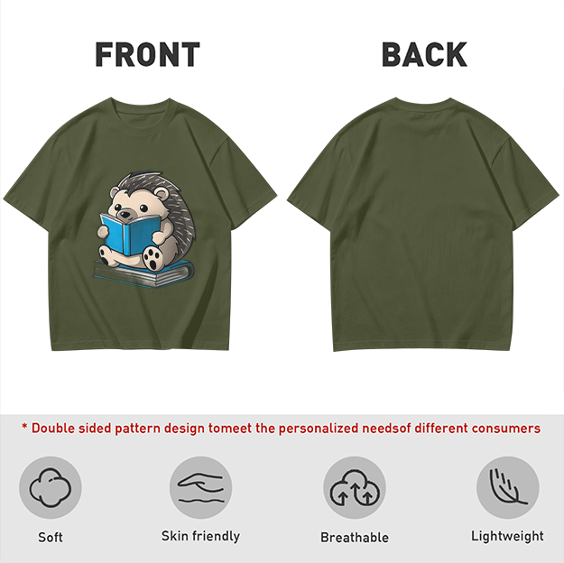 Olive T-shirt with Cute Hedgehog Reading a Book Graphic