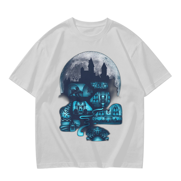 Olive T-Shirt With Glowing Castle Moon Night Graphic Print