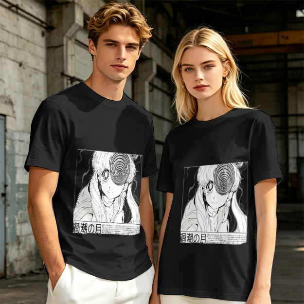 Olive anime graphic t-shirt with spiral eye design