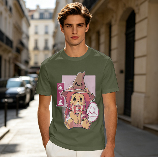 Olive T-Shirt With Cute Lion Wizard Graphic Print