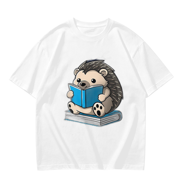 Olive T-shirt with Cute Hedgehog Reading a Book Graphic