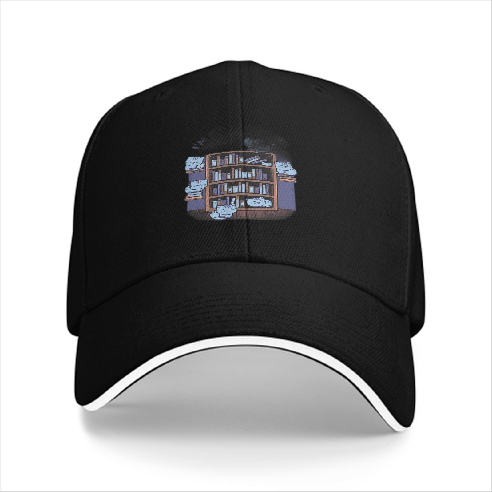 Black baseball cap with cute cats on bookshelf graphic