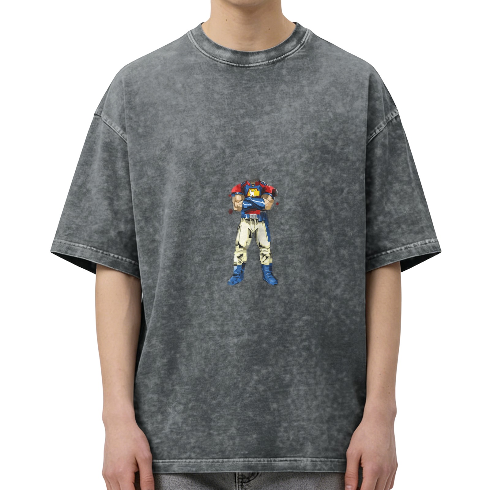 Oversized Dark Wash T-Shirt With Cartoon Character Print