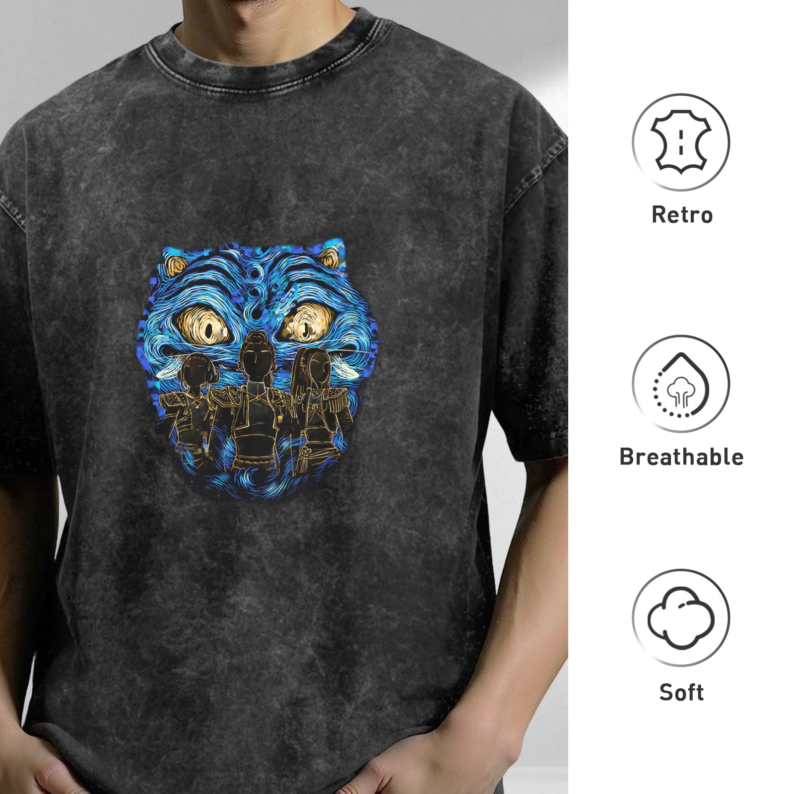 Oversized Dark Wash T-Shirt With Blue Tiger Artwork Print