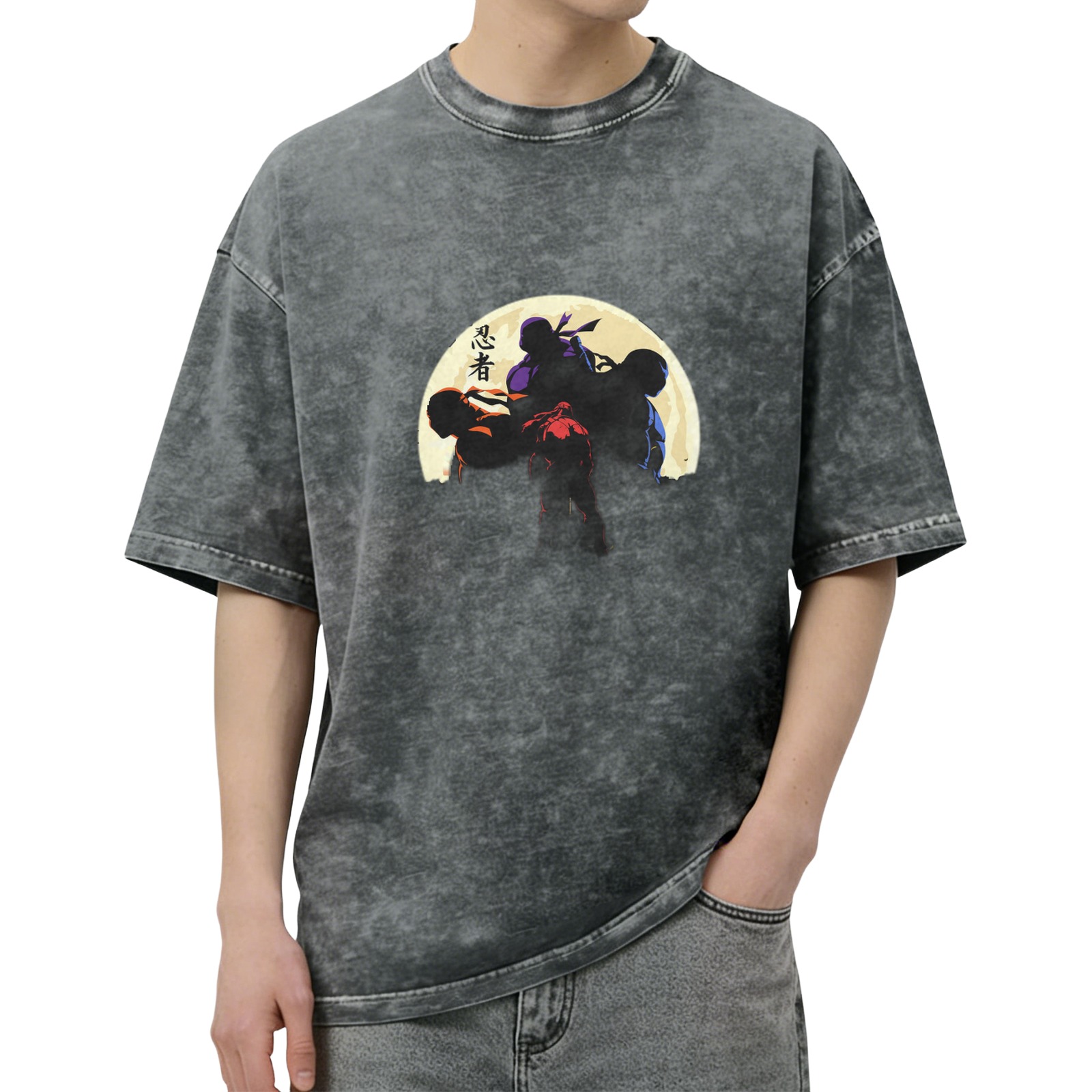 Washed black t-shirt with ninja silhouettes against a full moon
