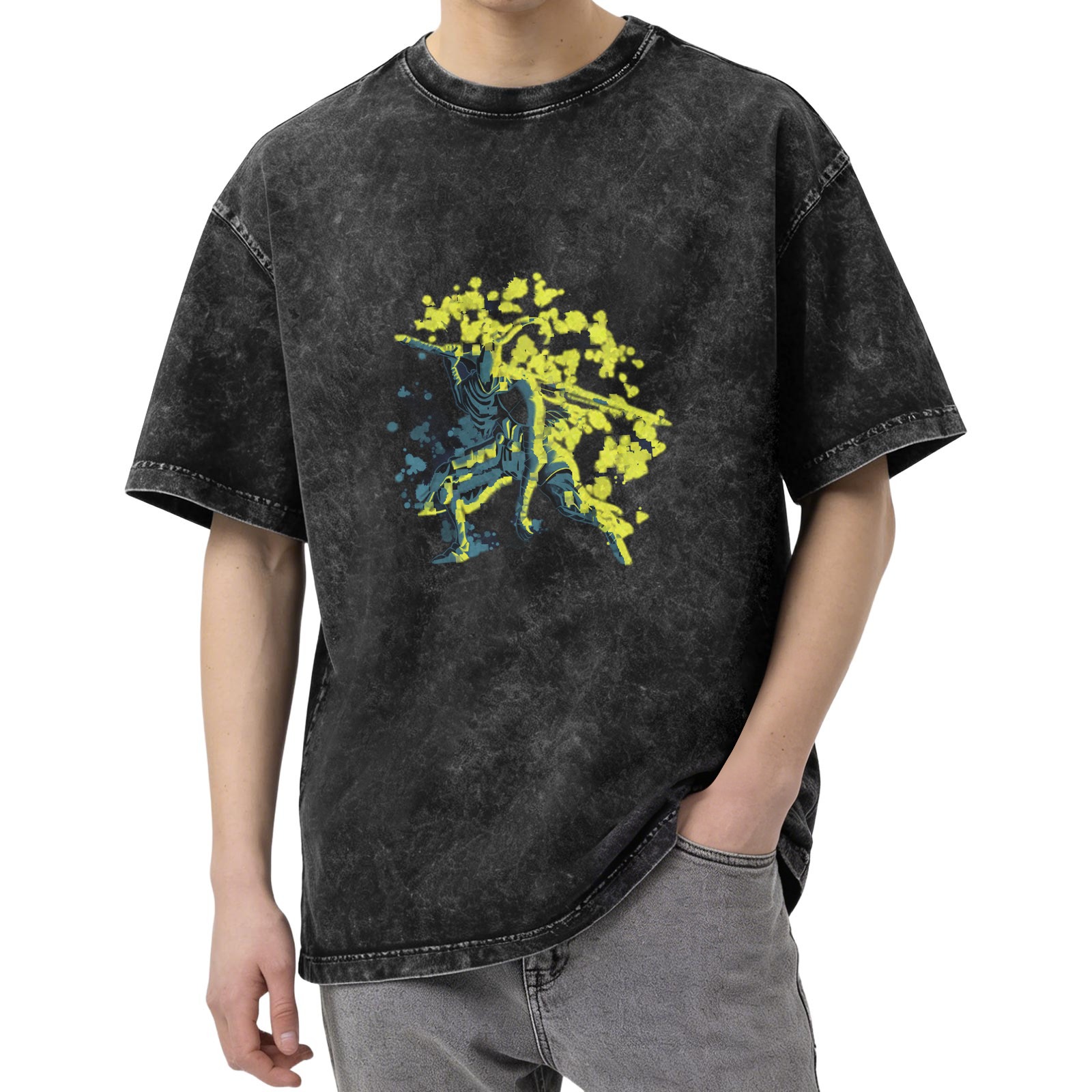 Washed Black Graphic T-Shirt with Neon Splatter Warrior Design
