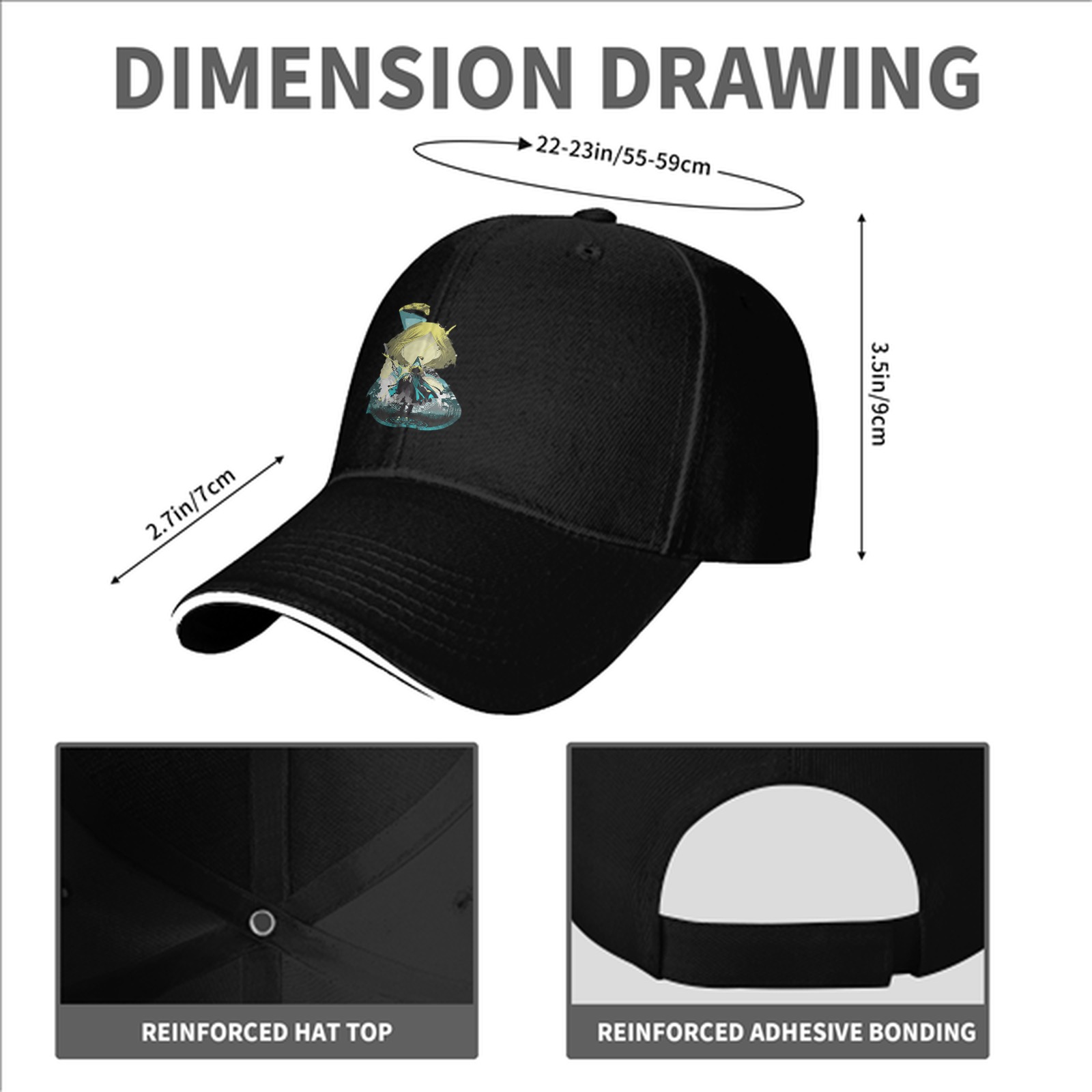 Black Baseball Cap With Fantasy Character Graphic Print