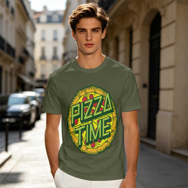 Olive Green Pizza Time Graphic T-Shirt