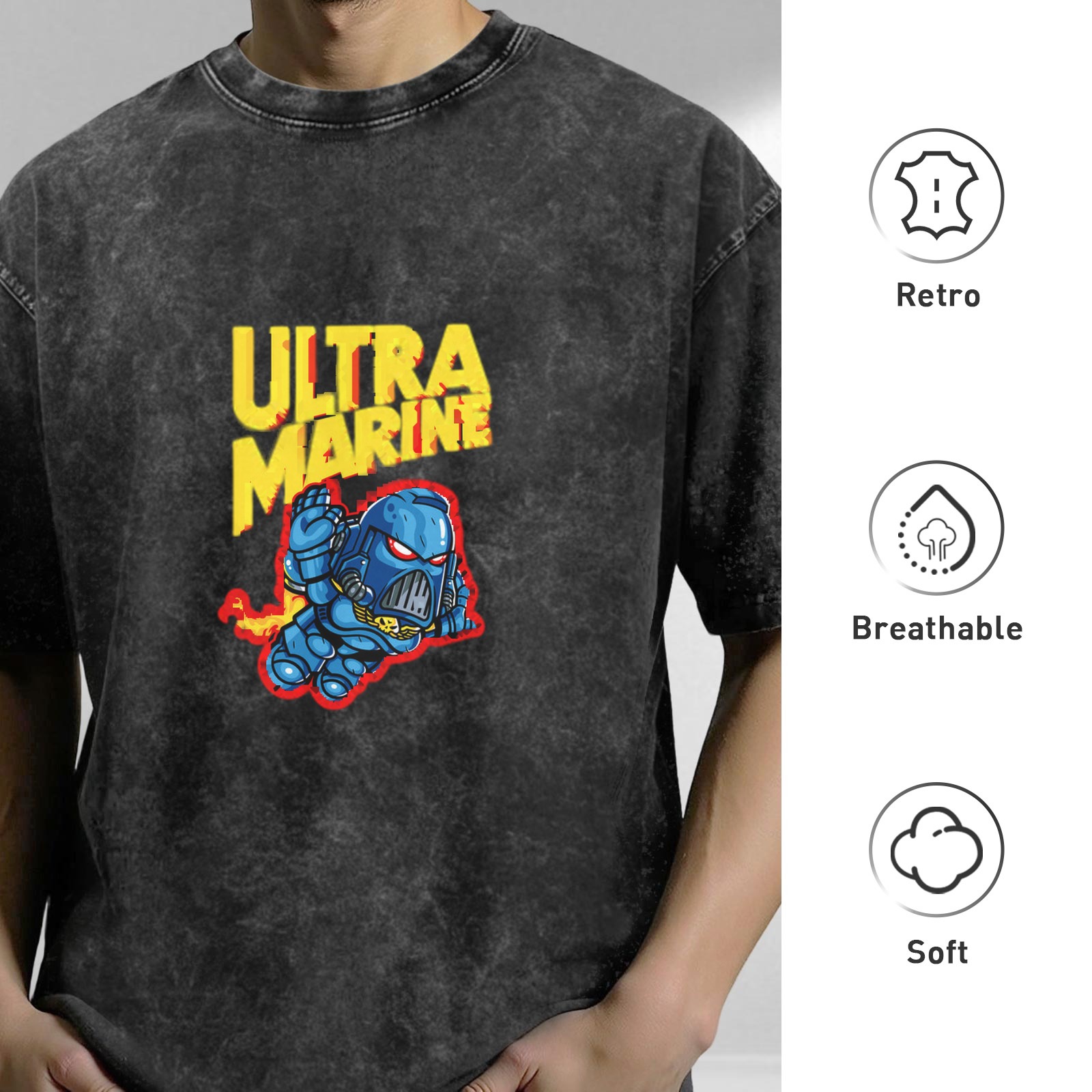 Warhammer 40k Ultramarine Space Marine Graphic Oversized Stone Wash T-Shirt