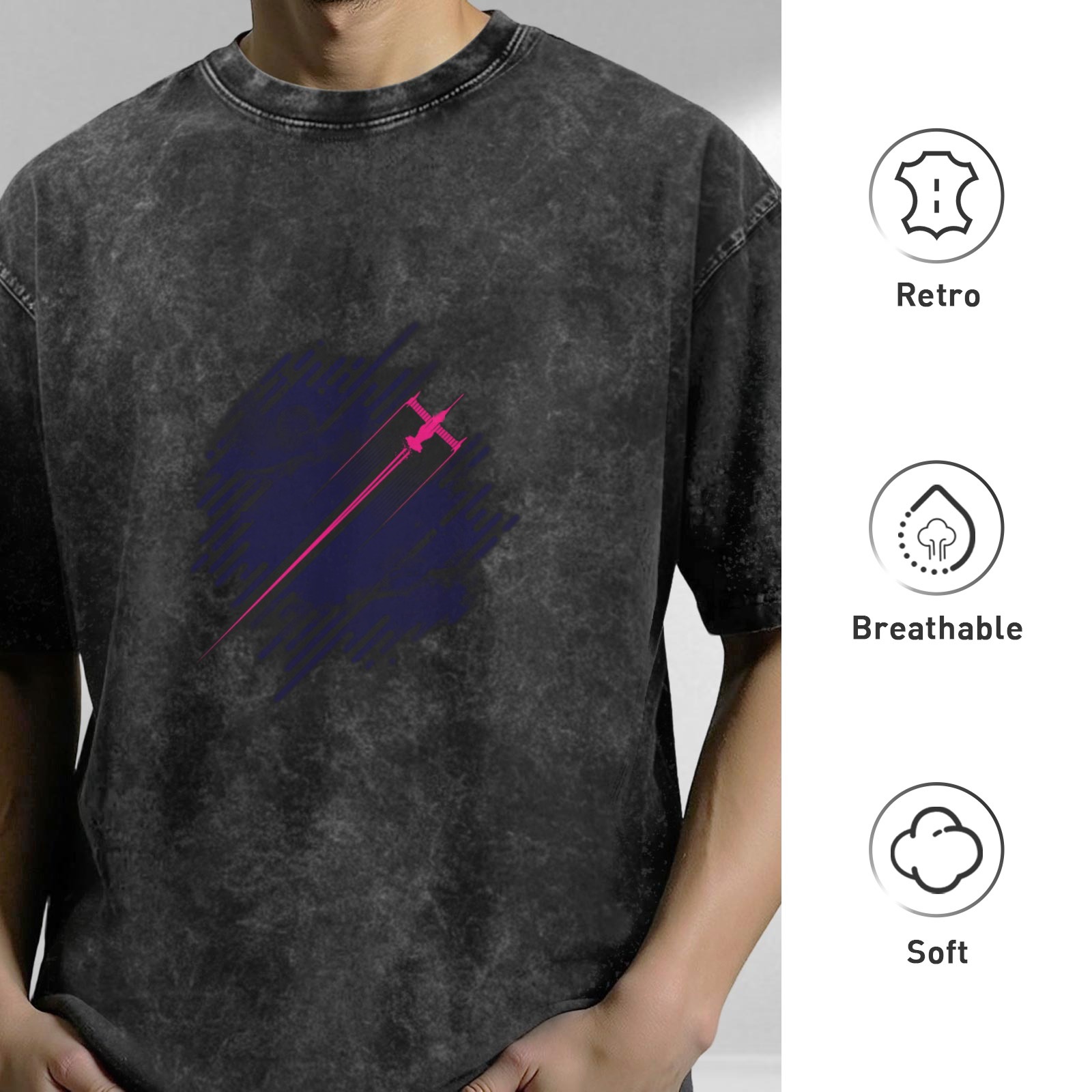 Distressed washed black loose short-sleeved T-shirt with pink and purple fighter print