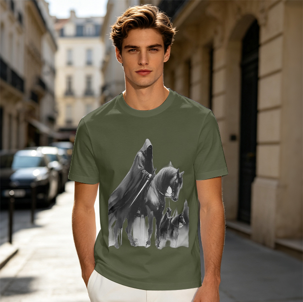 Olive T-shirt with Dark Rider on Horse Gothic Print