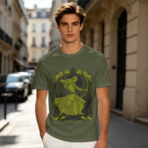 Olive Green T-Shirt With Forest Elf Archer Graphic Print