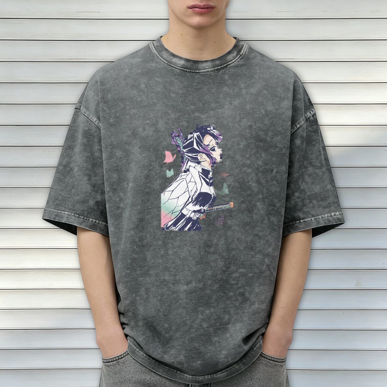 Oversized Vintage Wash Anime Graphic T-Shirt featuring Demon Slayer's Shinobu Kochou with Butterfly Motifs