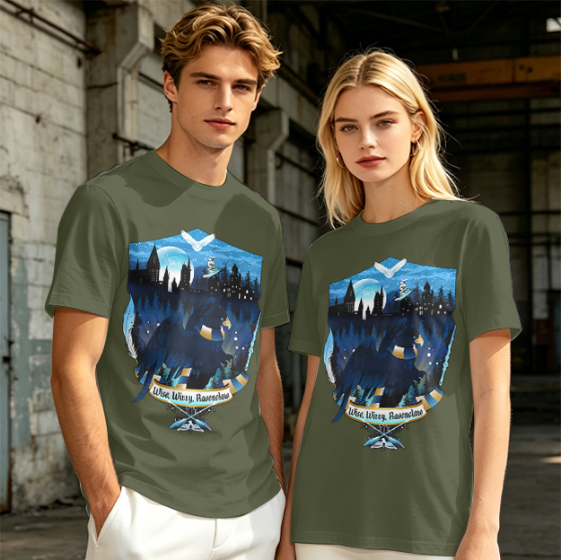 Olive t-shirt with Ravenclaw house crest night castle design
