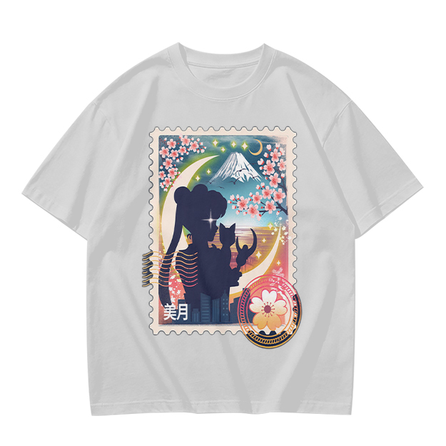 Olive T-shirt with Japanese stamp-style anime graphic print