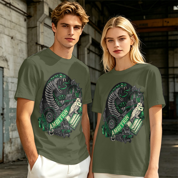 Olive Green T-Shirt With Slytherin Ambition Snake Owl Graphic
