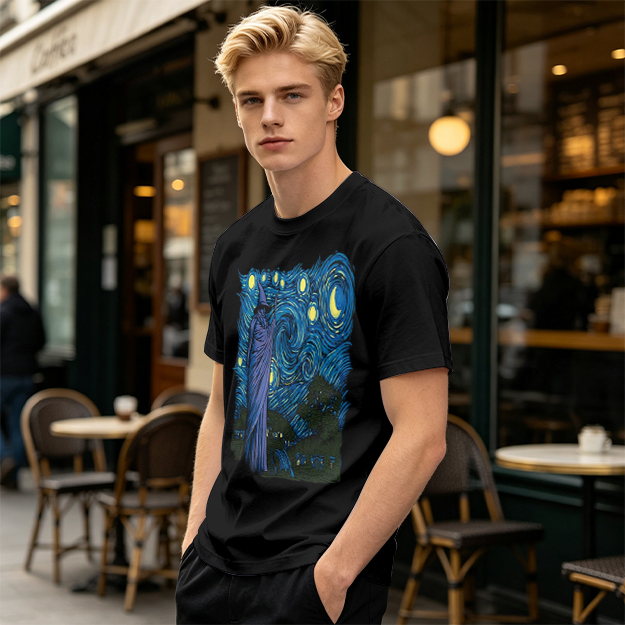 Olive T-Shirt with Wizard Starry Night Art Print