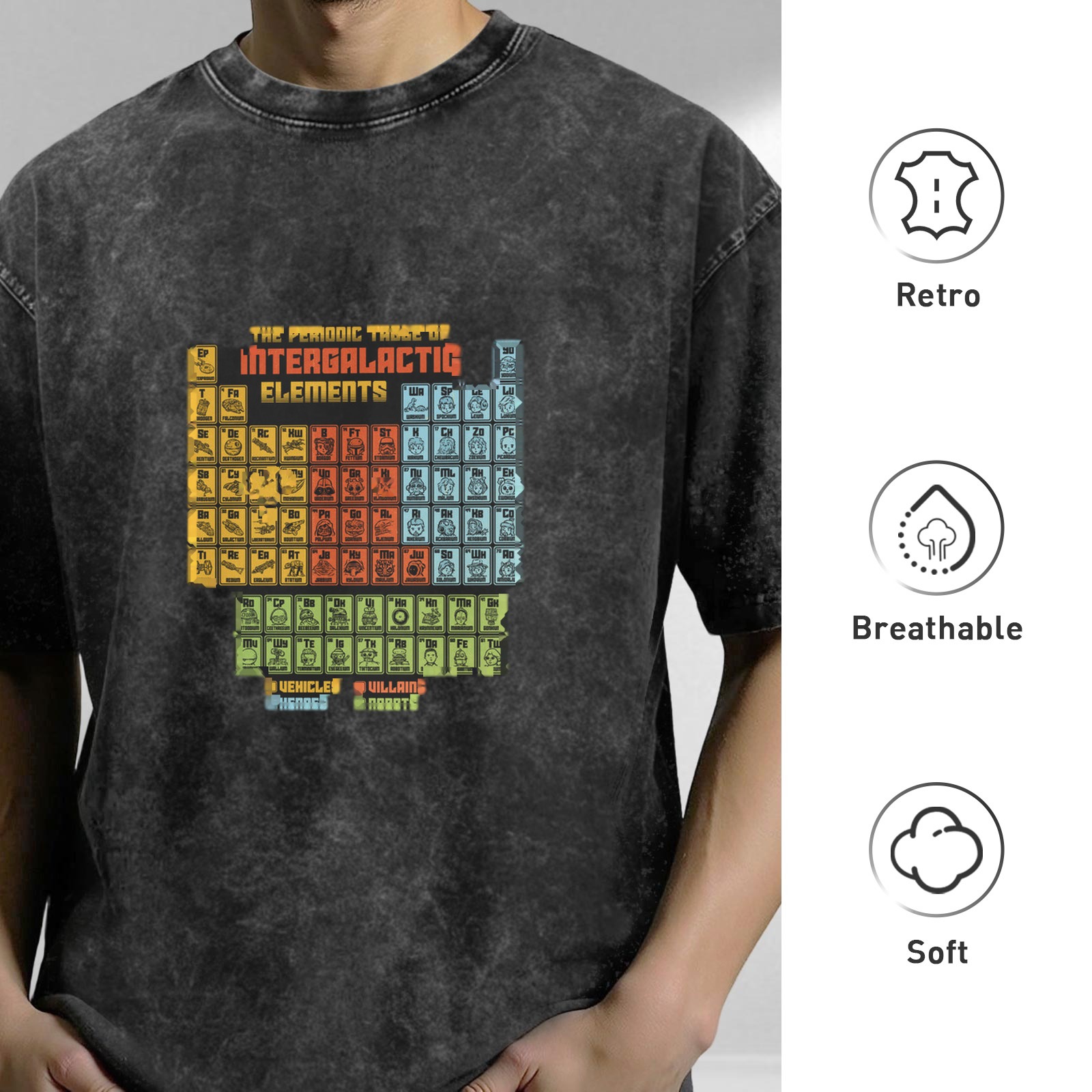 Retro washed black interstellar periodic table themed print loose short-sleeved T-shirt