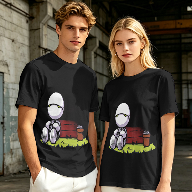 Olive T-Shirt With Sad Sitting Robot Graphic Print