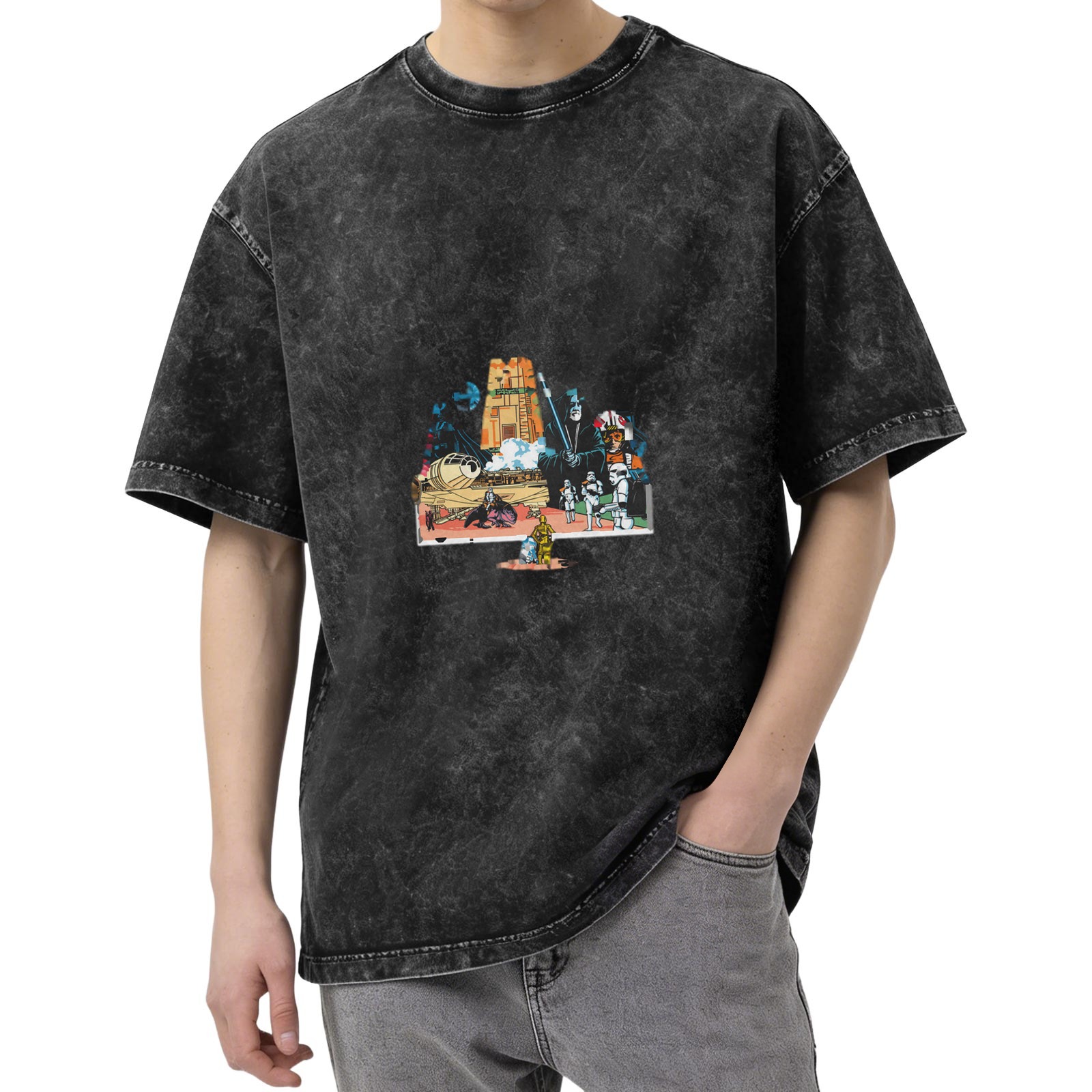 Distressed black Star Wars themed printed short-sleeved T-shirt