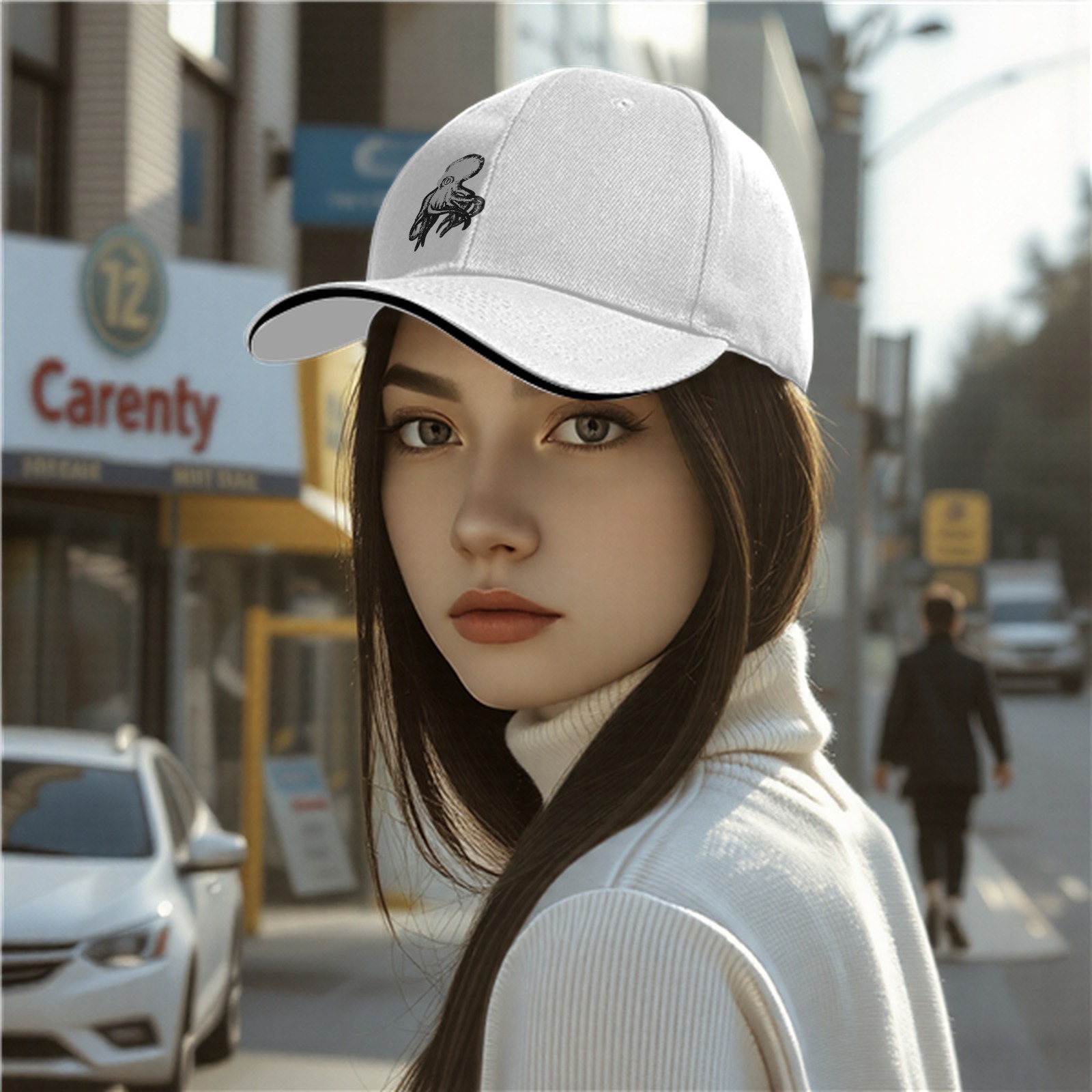 Black baseball cap with white octopus graphic design