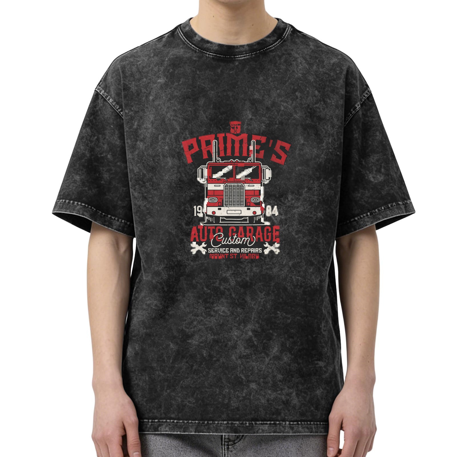 Prime's Auto Garage Custom Truck Graphic Acid Wash T-Shirt