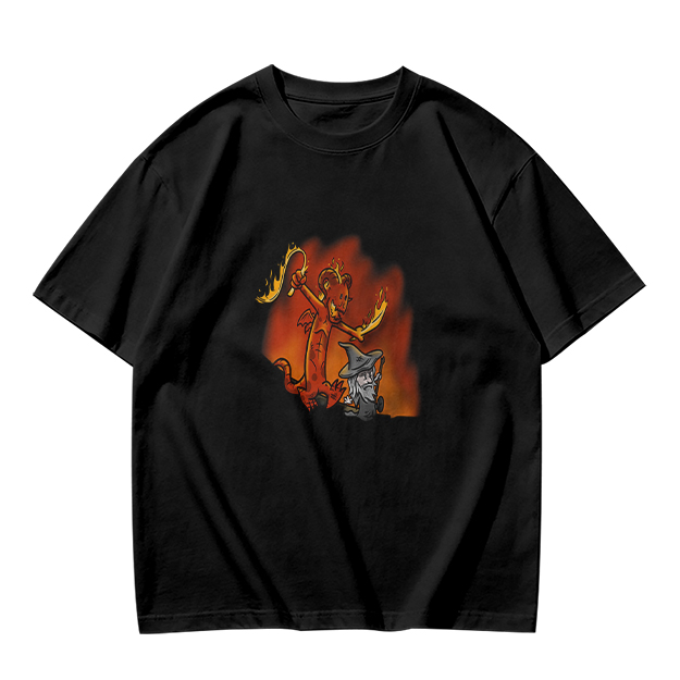 Olive T-shirt with Cartoon Demon and Wizard Fantasy Print