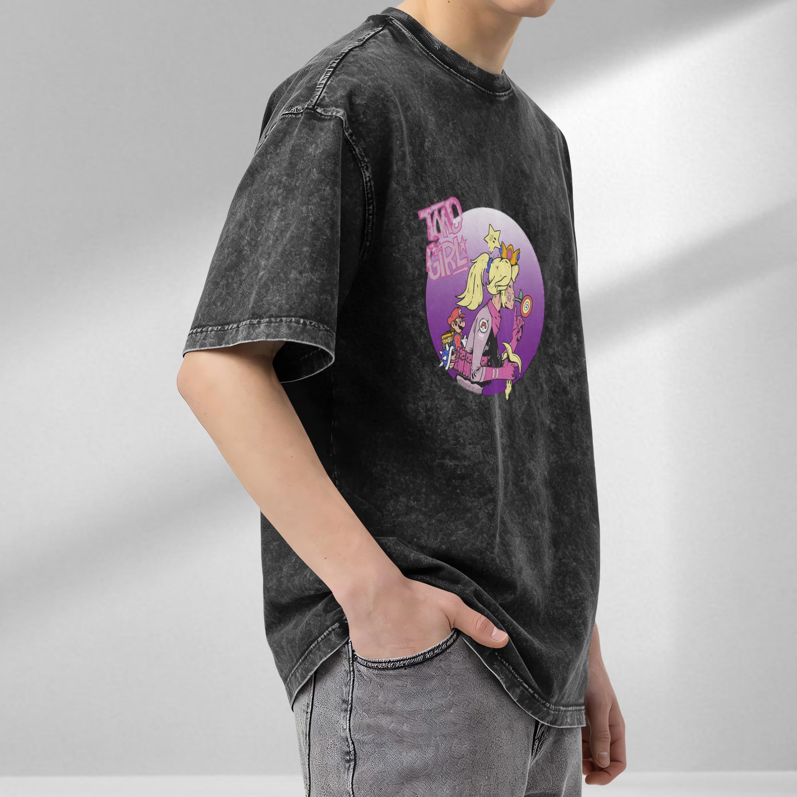 acid wash t-shirt with mario kart princess peach graphic