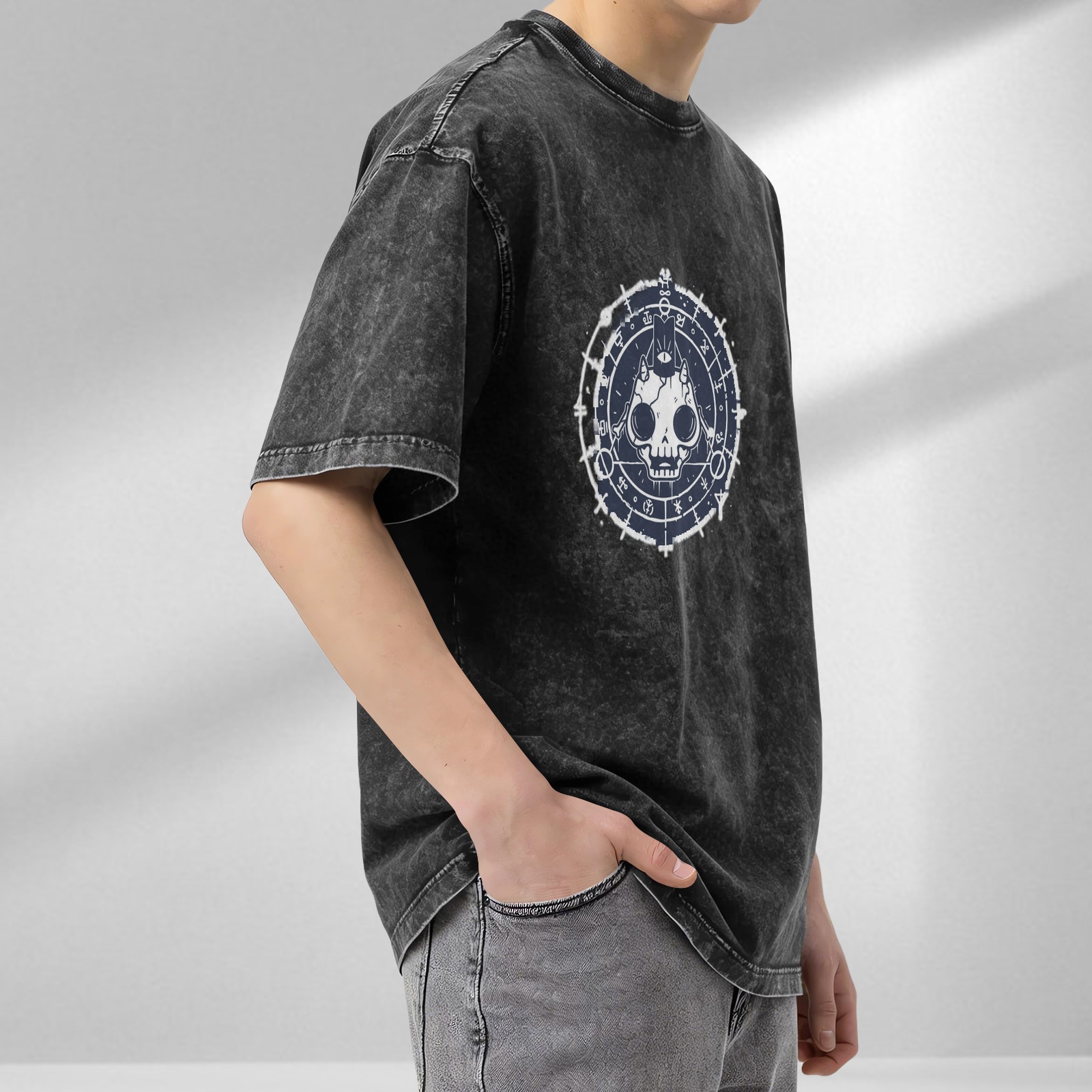 Washed Black Oversized T-Shirt With Occult Cat Skull Graphic