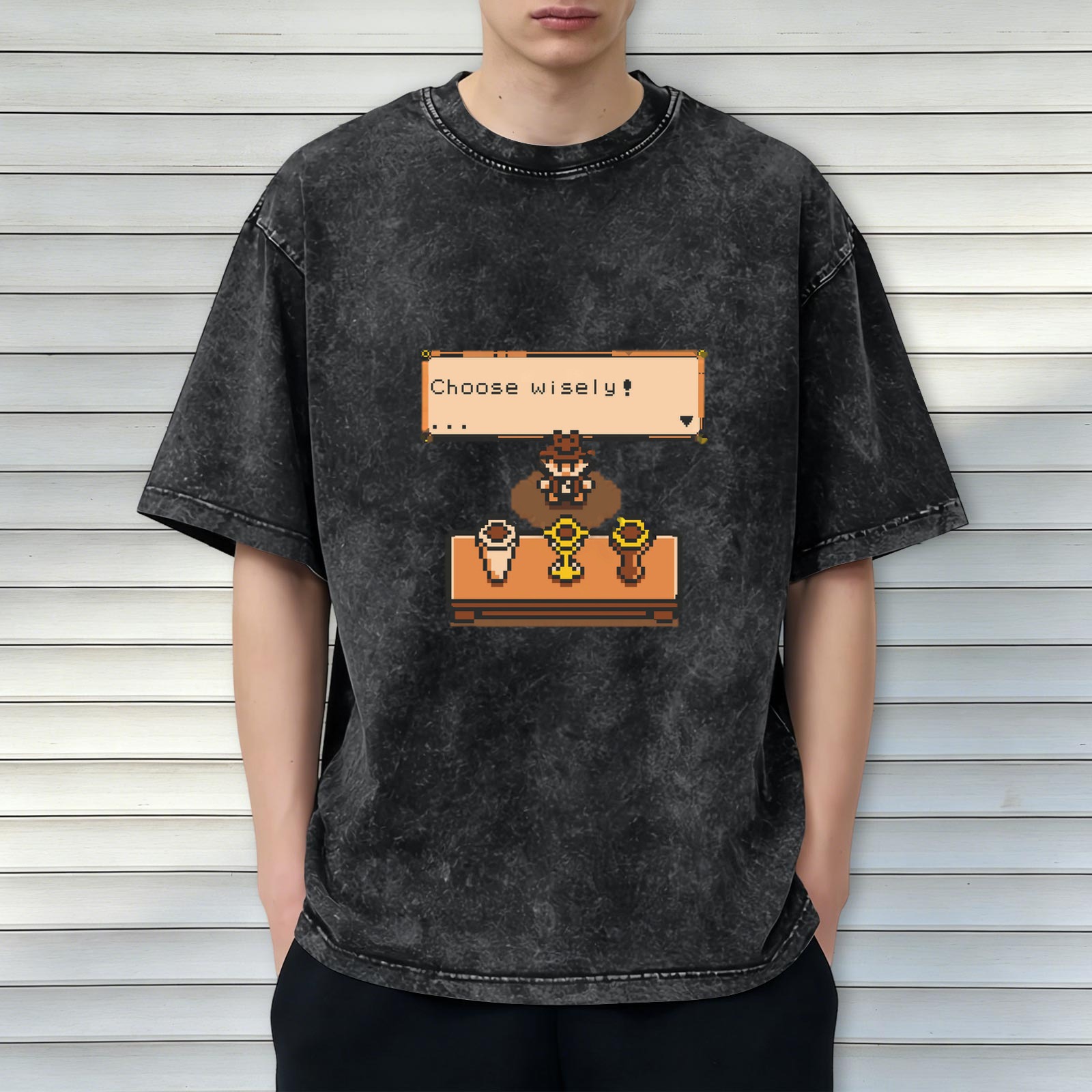 Retro Pixel Art Choose Wisely Graphic Dark Wash T-Shirt