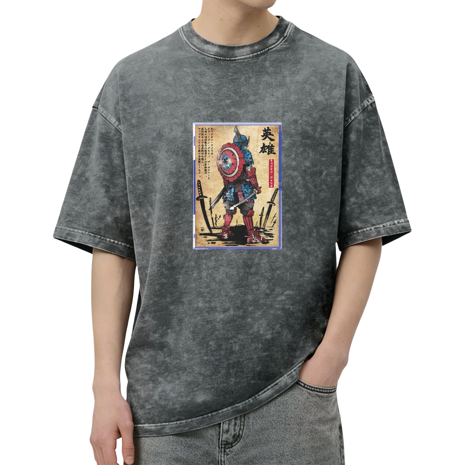 Washed Black T-Shirt with Samurai Captain America Hero Graphic