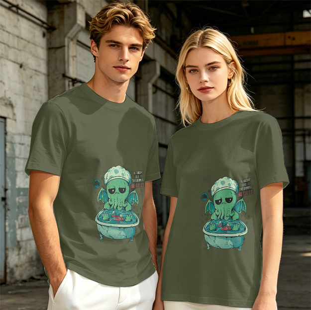 Olive T-shirt with Cute Sad Cthulhu Bathing Graphic