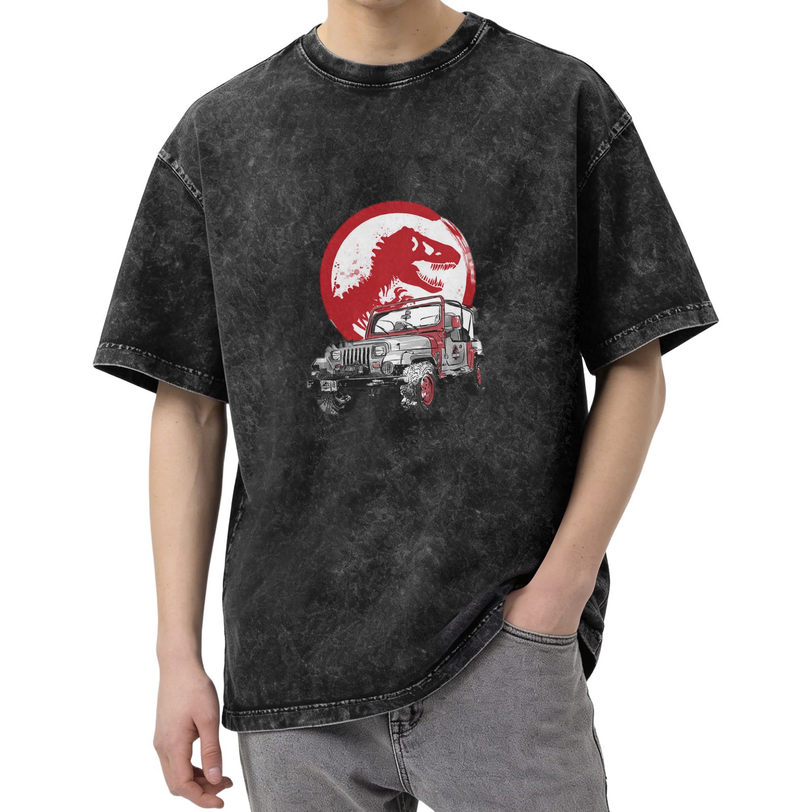 Washed Black T-Shirt with Dinosaur and Off-Road Jeep Graphic