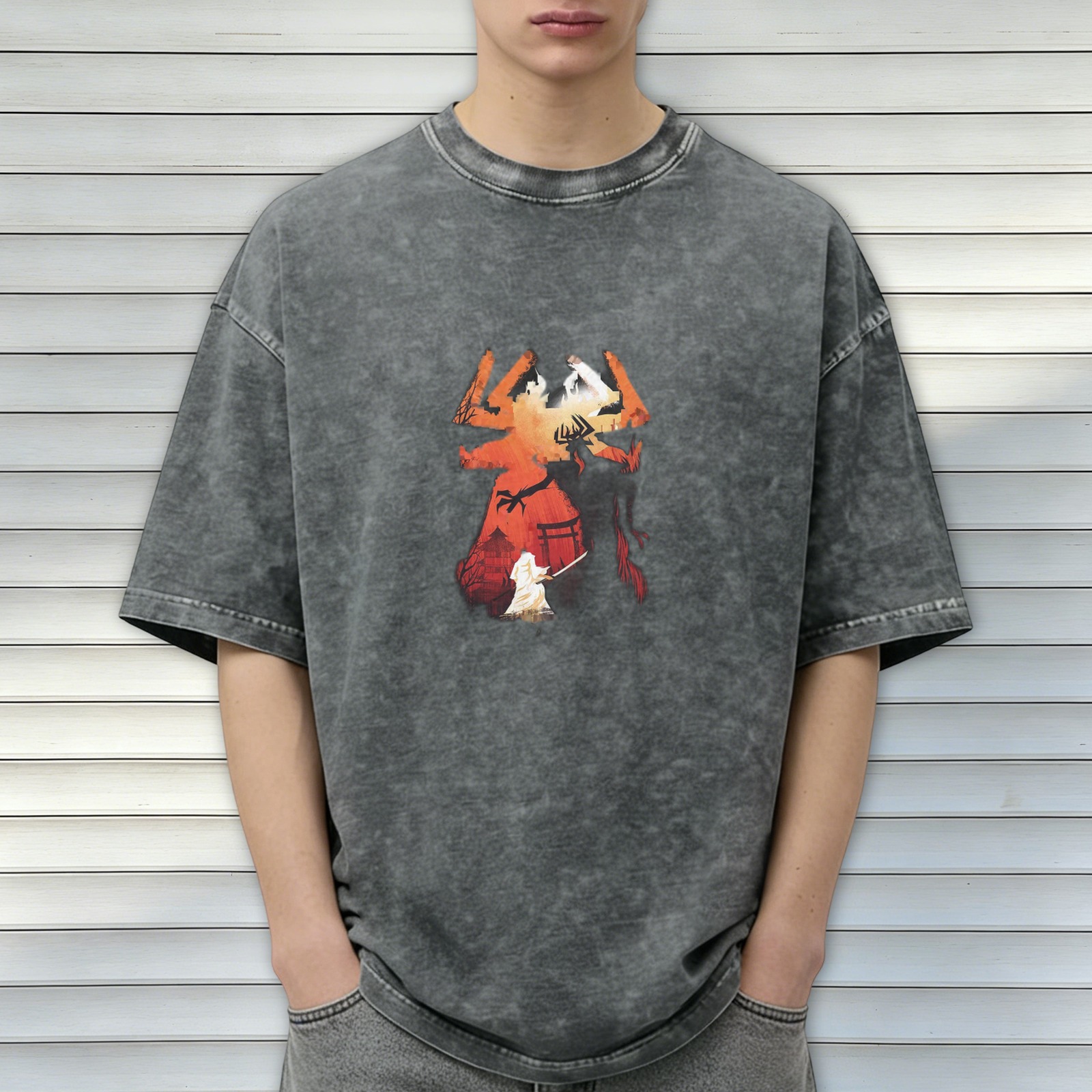 Distressed washed Darth Vader themed printed short-sleeved T-shirt