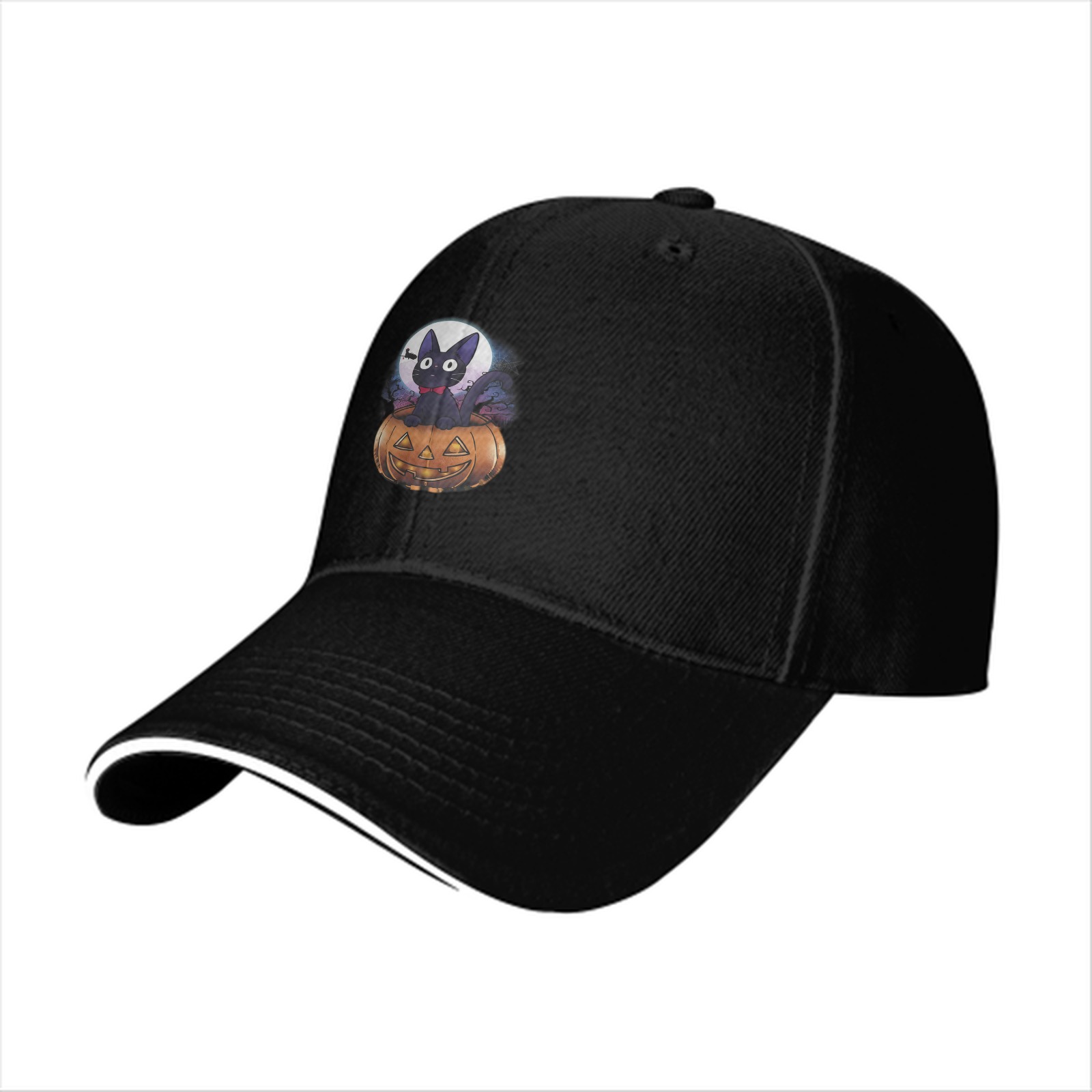 Black Baseball Cap With Halloween Black Cat Jack-o'-lantern Print