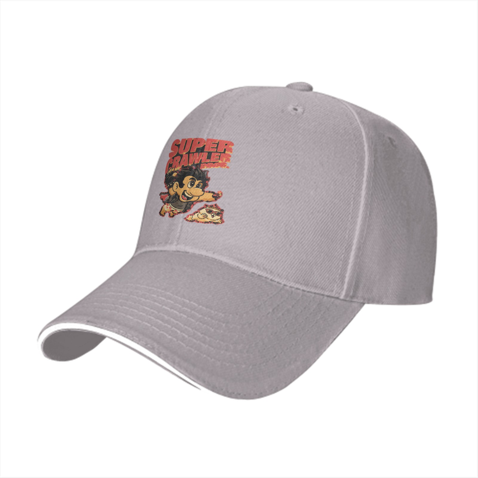 Black baseball cap with Super Crawler pizza-themed cartoon graphic
