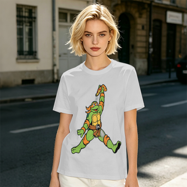 Olive T-Shirt with Michelangelo Ninja Turtle Holding Pizza Print