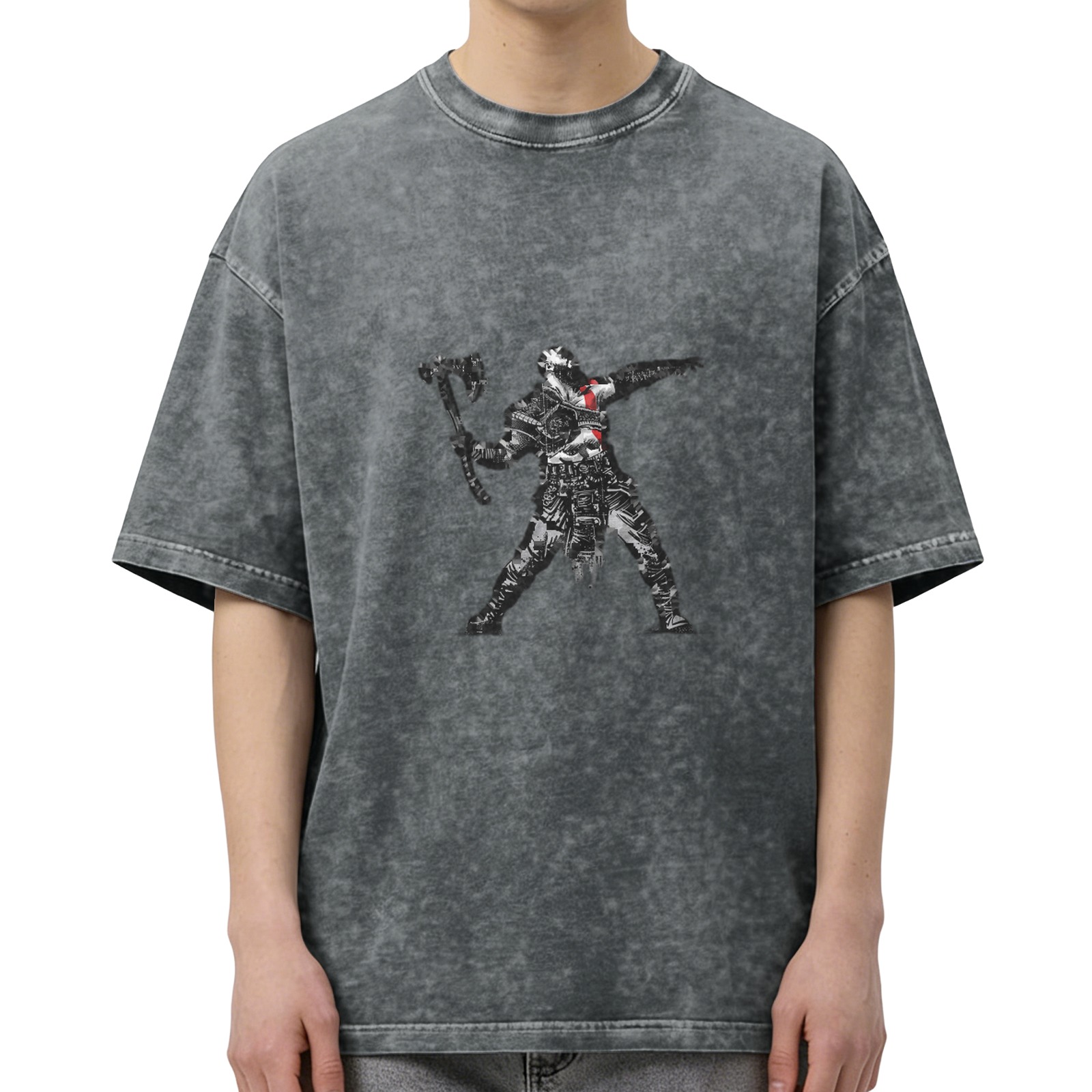 Oversized Acid Wash T-Shirt With Warrior Graphic Print