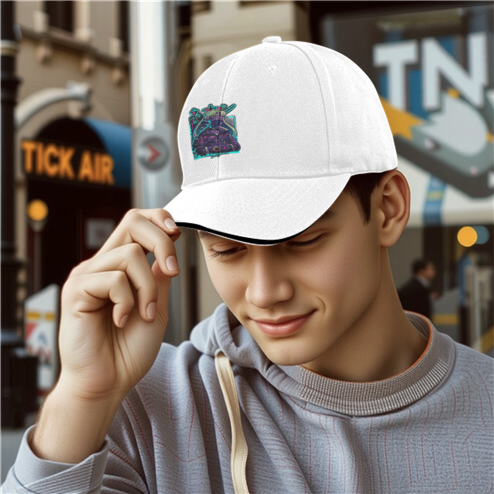 Black baseball cap with cyberpunk anime graphic print