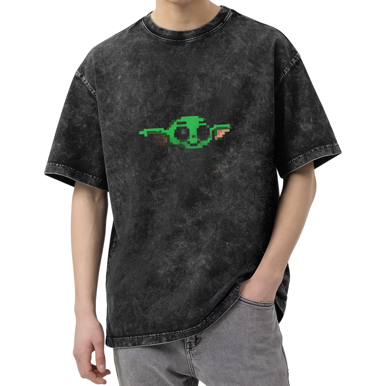 Washed Black Oversized T-Shirt with Pixel Baby Alien Graphic
