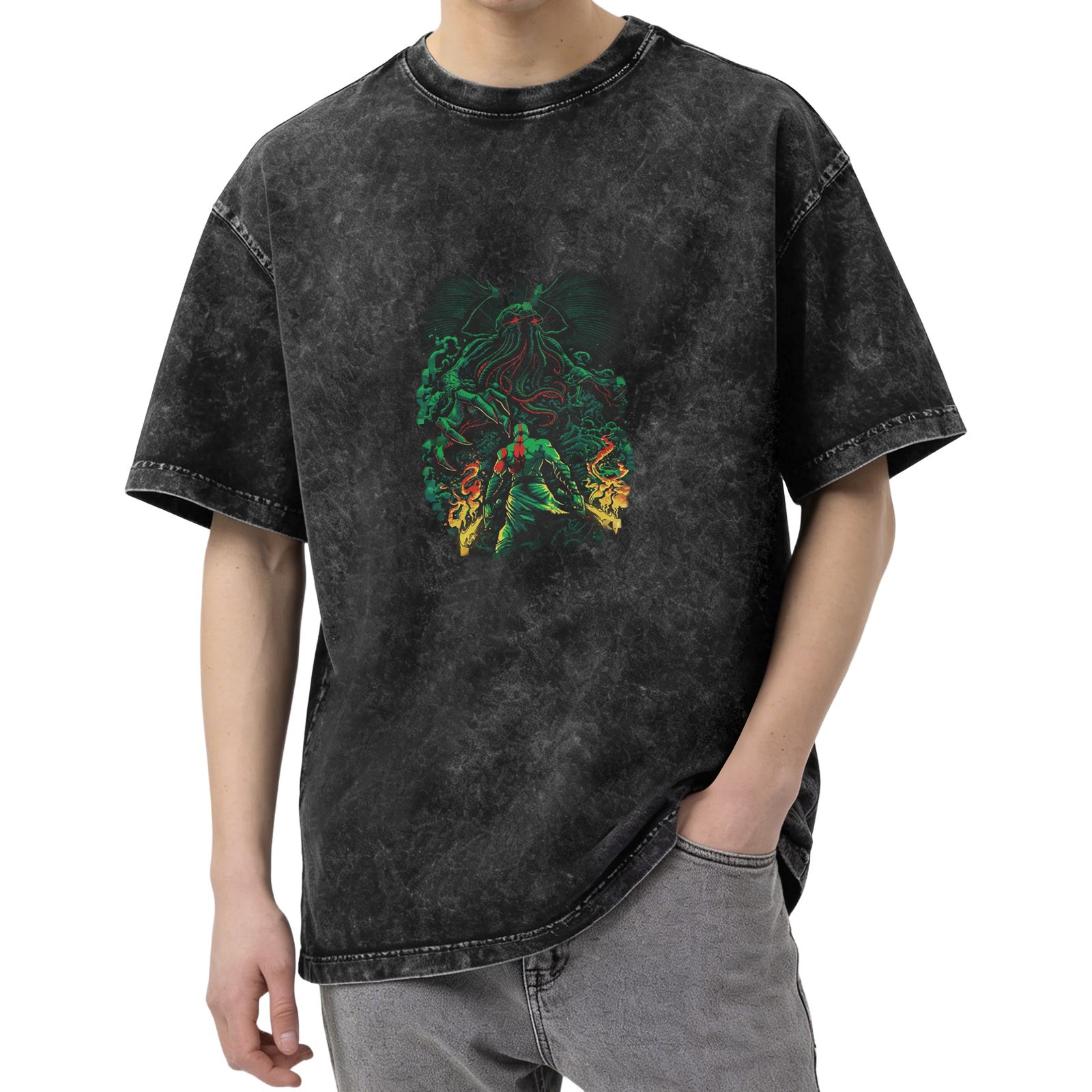 Oversized Acid Wash Graphic T-Shirt with Cthulhu and God of War Kratos Print, Dark Gray Distressed Short Sleeve Tee
