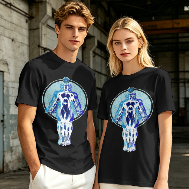 Olive T-Shirt with Glowing Blue Superhero Figure Graphic