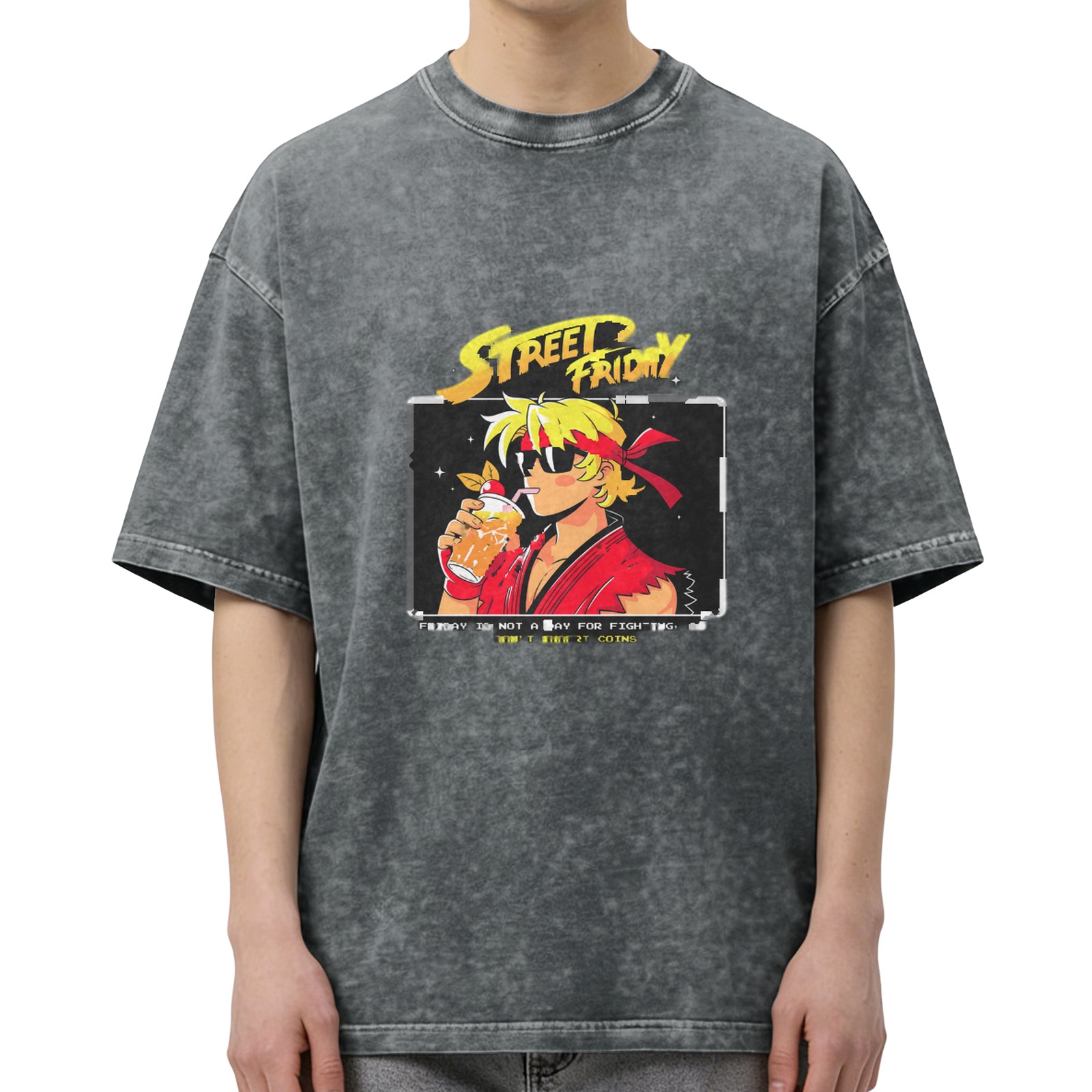 Street Friday Anime Fighter Drink Graphic Acid Wash T-Shirt