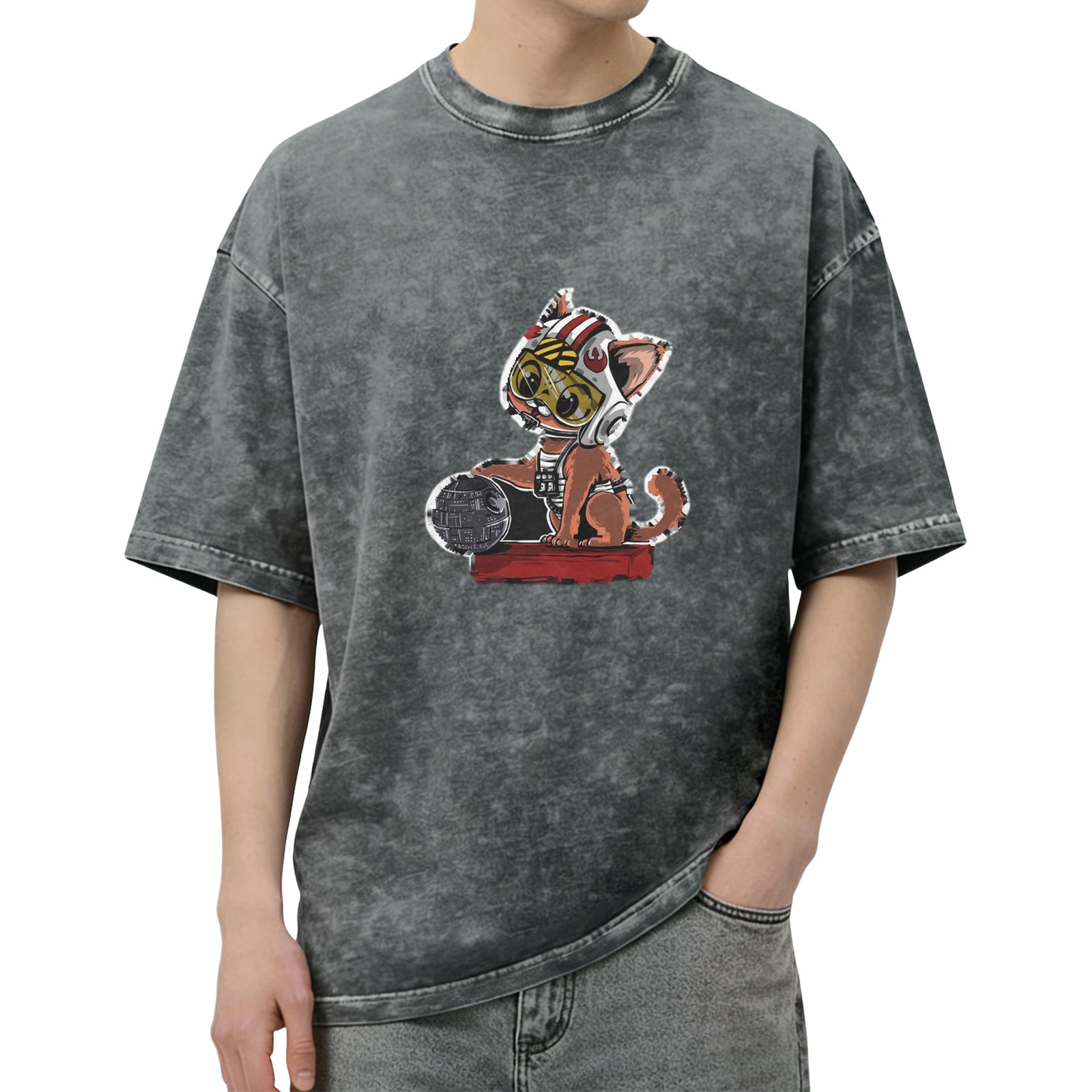 Oversized Washed Black T-Shirt with Cartoon Rebel Pilot Cat Graphic