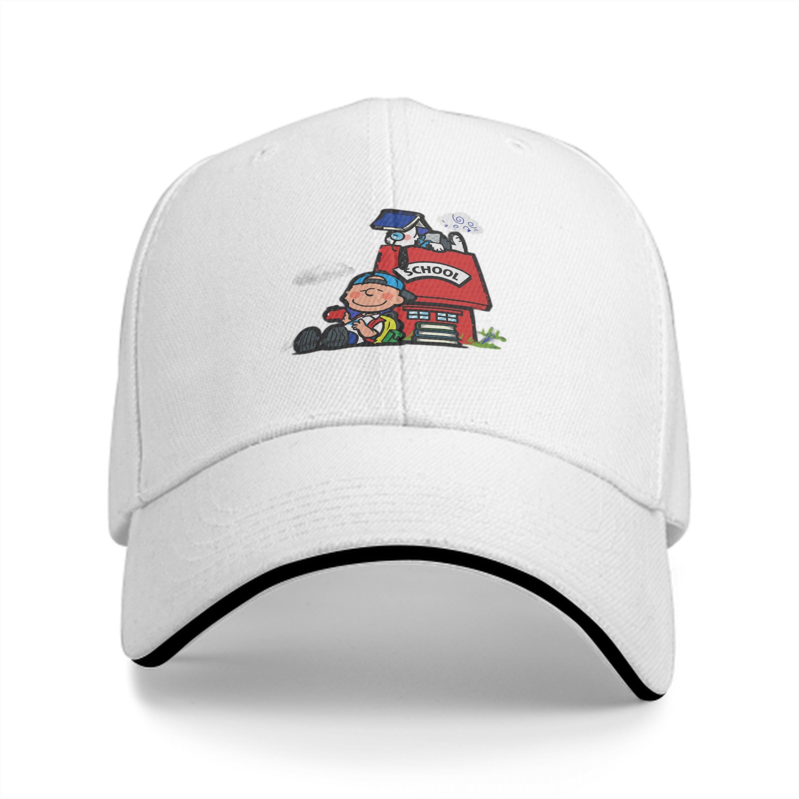 Black Baseball Cap With School Themed Cartoon Print