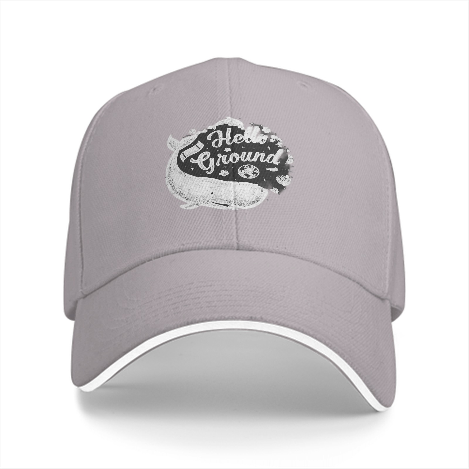 Black baseball cap with Hello Ground whale graphic print