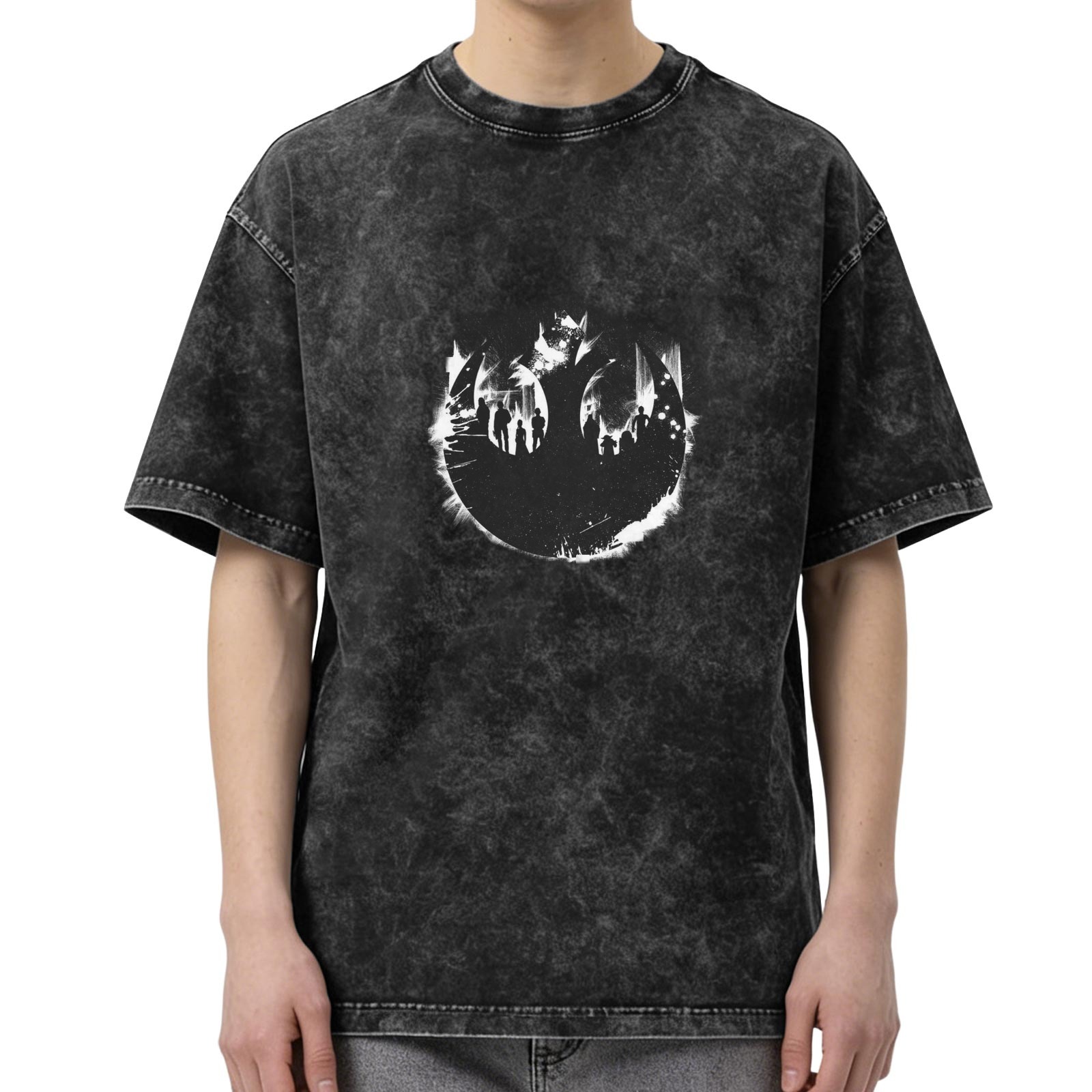 Distressed black round neck short-sleeved T-shirt Star Wars themed printed loose top