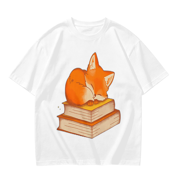 Olive T-Shirt With Sleeping Fox On Stacked Books Print
