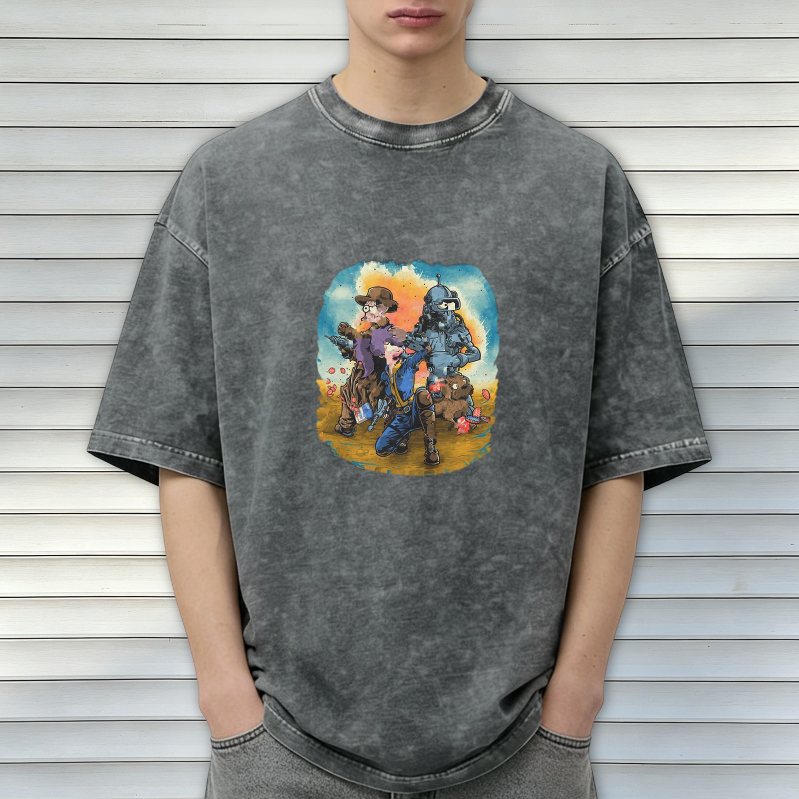Vintage Washed Black T-Shirt with Fallout Themed Watercolor Graphic Print