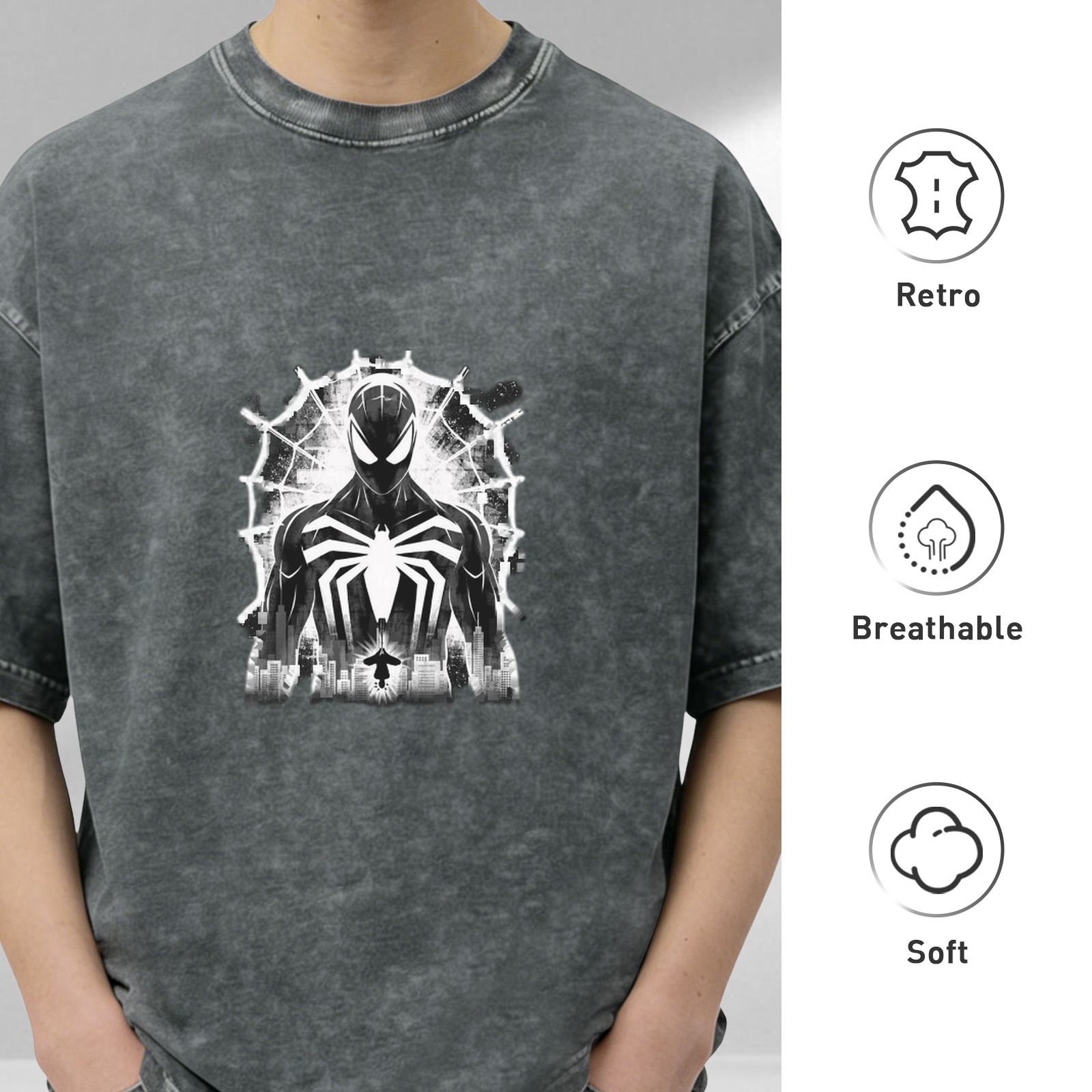 Oversized Acid Wash T-Shirt with Symbiote Spider-Man Graphic